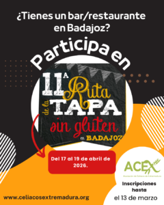 Cartel informativo sobre cómo participar en la XI Ruta de la Tapa sin gluten en Badajoz